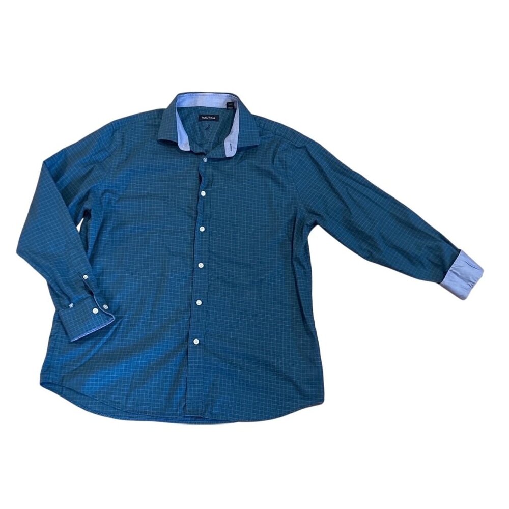 Nautica Shirt Mens XL Blue Plaid Flip Cuff Long Sleeve Button-Down Sz 17